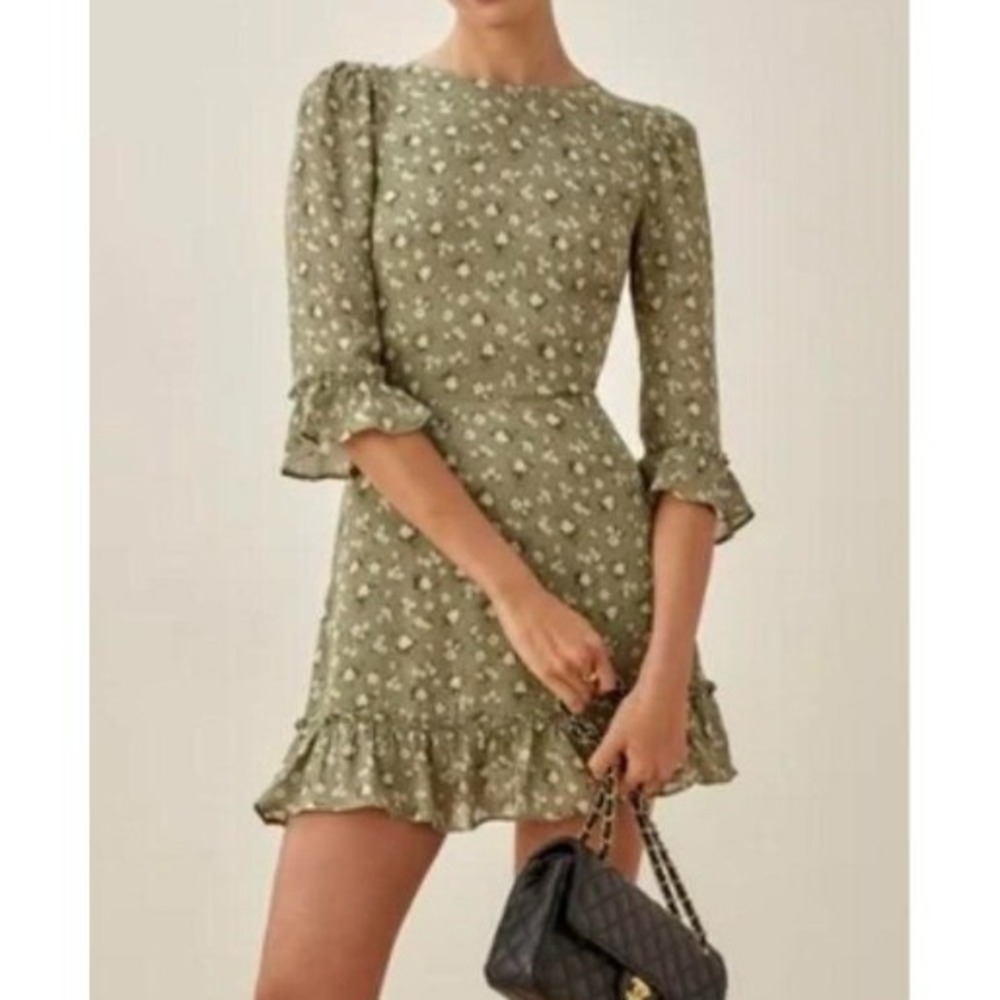 Reformation Doutzen Floral Mini Dress Chive Green Women Size 0 Ruffle 3/4 Sleeve